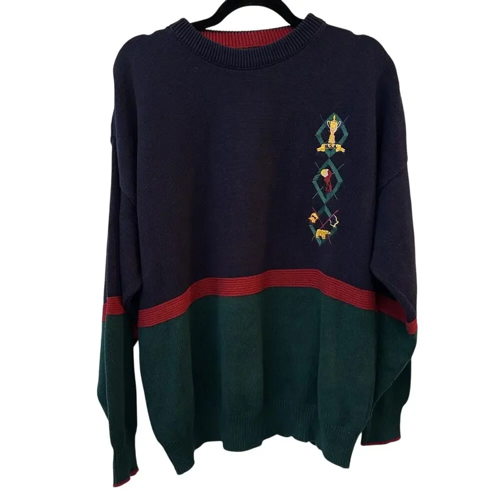 Vintage Golden Bear~Jack Nicklaus Embroidered Golf Sweater Cotton Made In USA XL